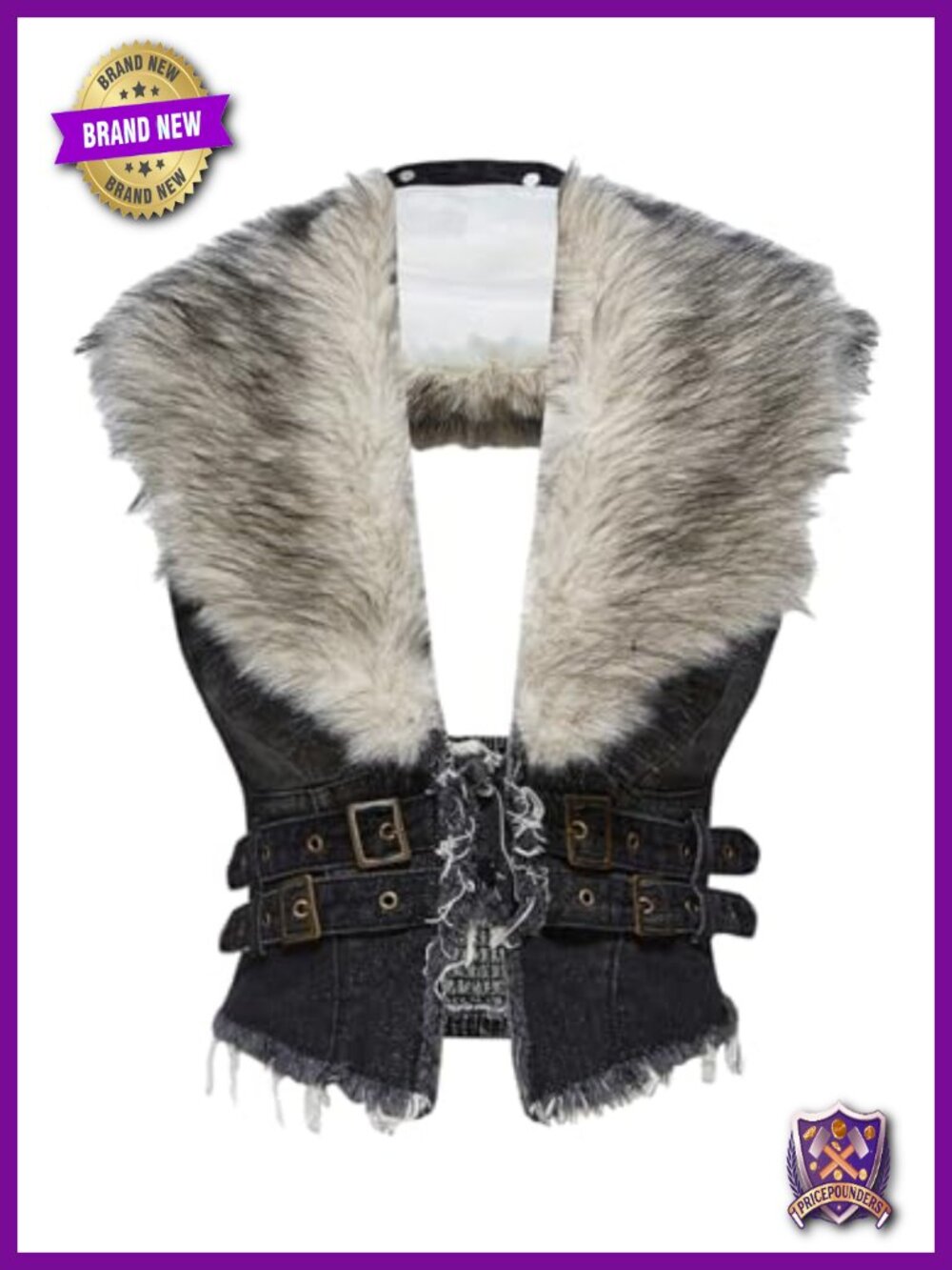 Faux Fur Denim Vest Smocked Open Back Cropped Punk Grunge